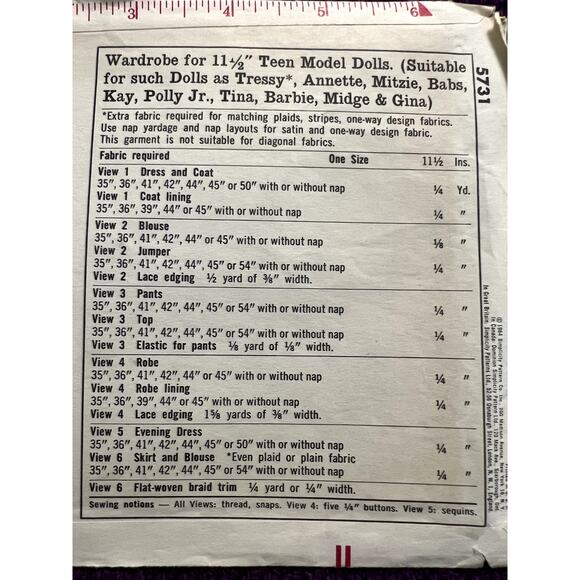 Simplicity 5731 pattern 11.5in doll barbie clothes 1960s - Picture 5 of 5